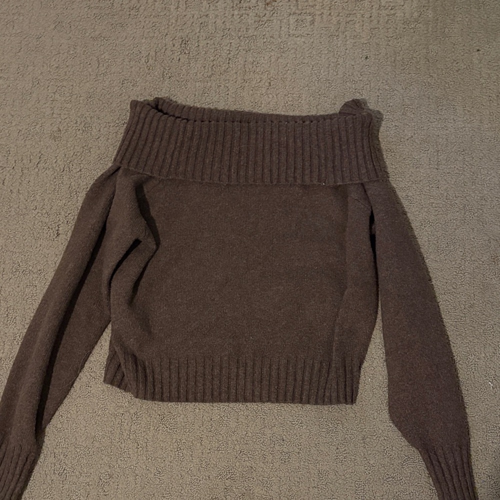 Brown off the shoulder fold over sweater